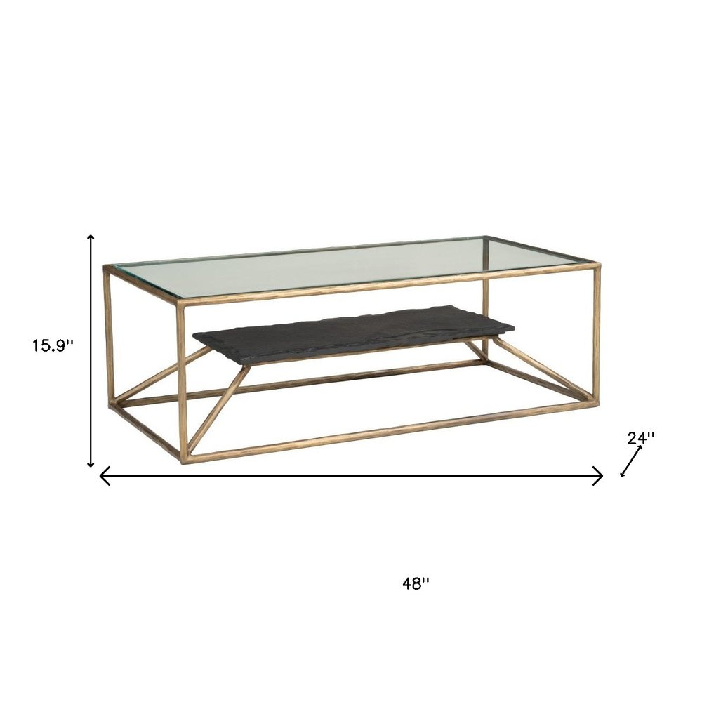 48" Clear Black and Brass Glass and Iron Frame Coffee Table HomeRoots