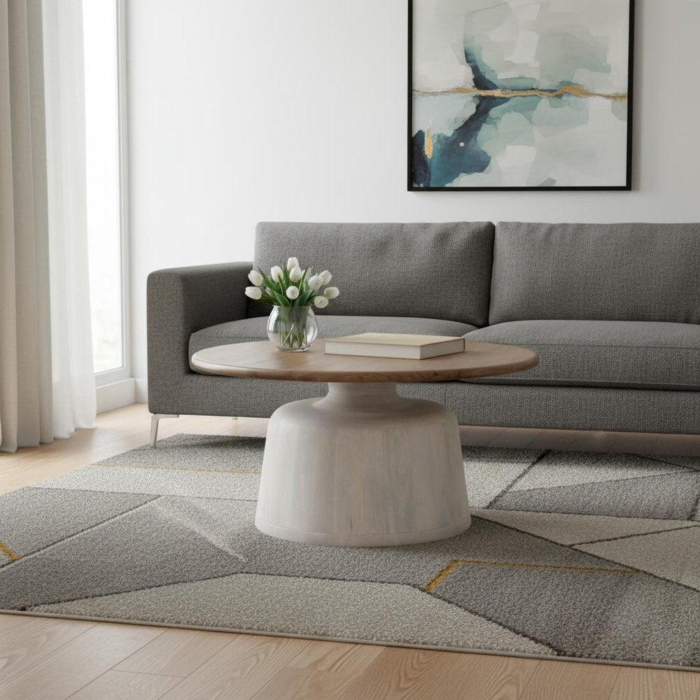 32" White Solid Wood and Wood Round Pedestal Coffee Table HomeRoots