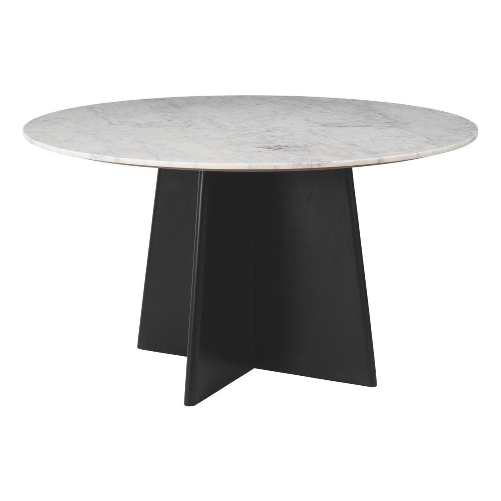 51" White and Black Marble and Wood Pedestal Base Round Top Dining Table HomeRoots