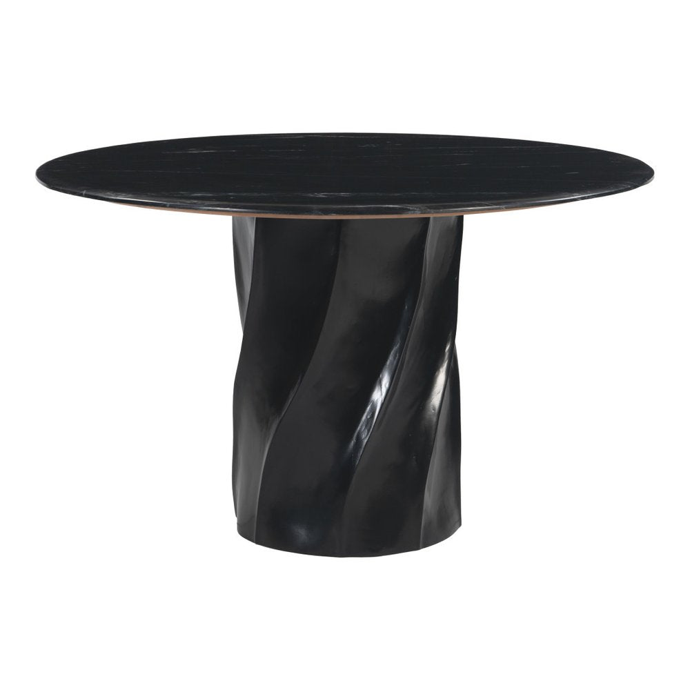 48" Black Marble and Wood Pedestal Base Round Top Dining Table HomeRoots