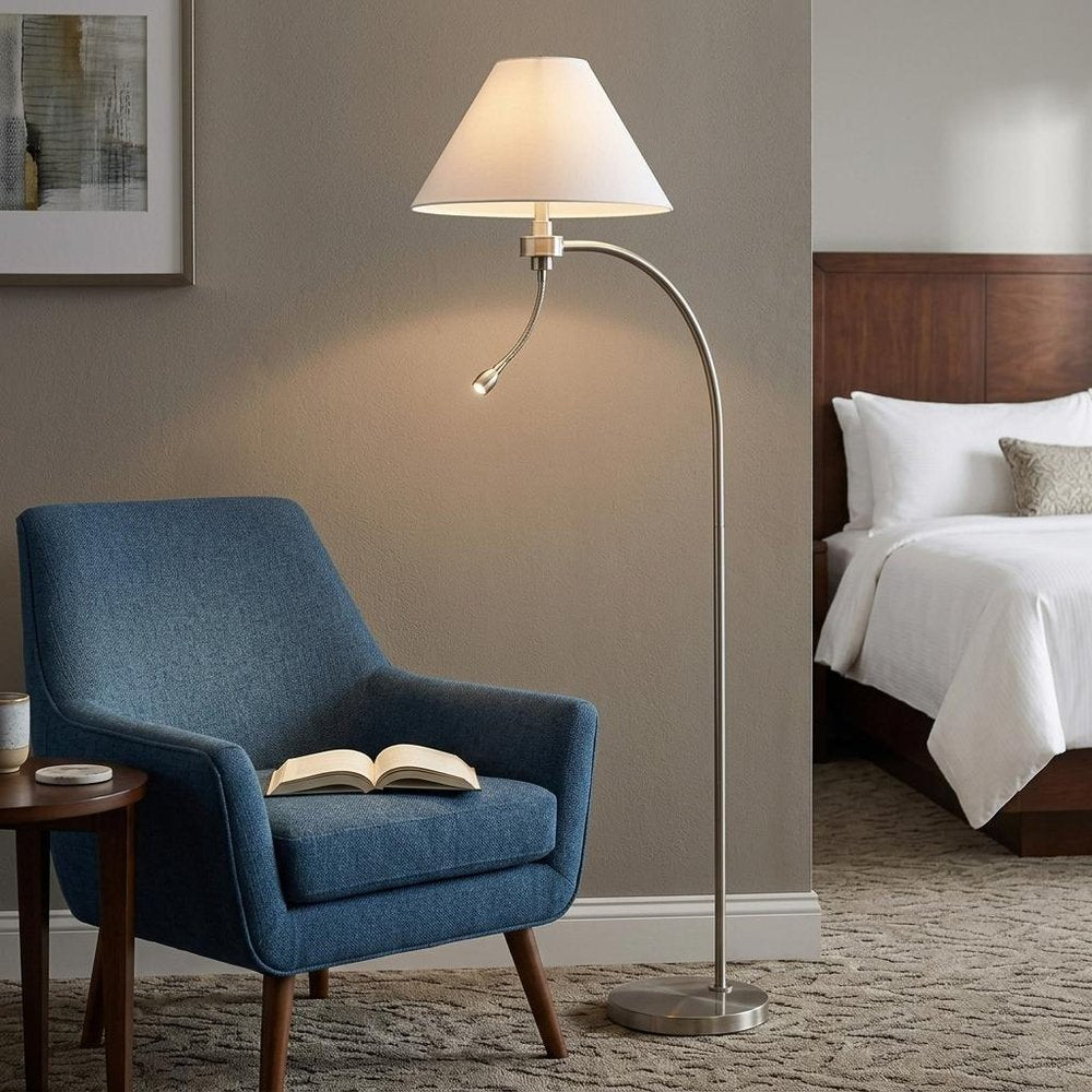 68" Nickel Metal Reading Floor Lamp With White Fabric Empire Shade HomeRoots