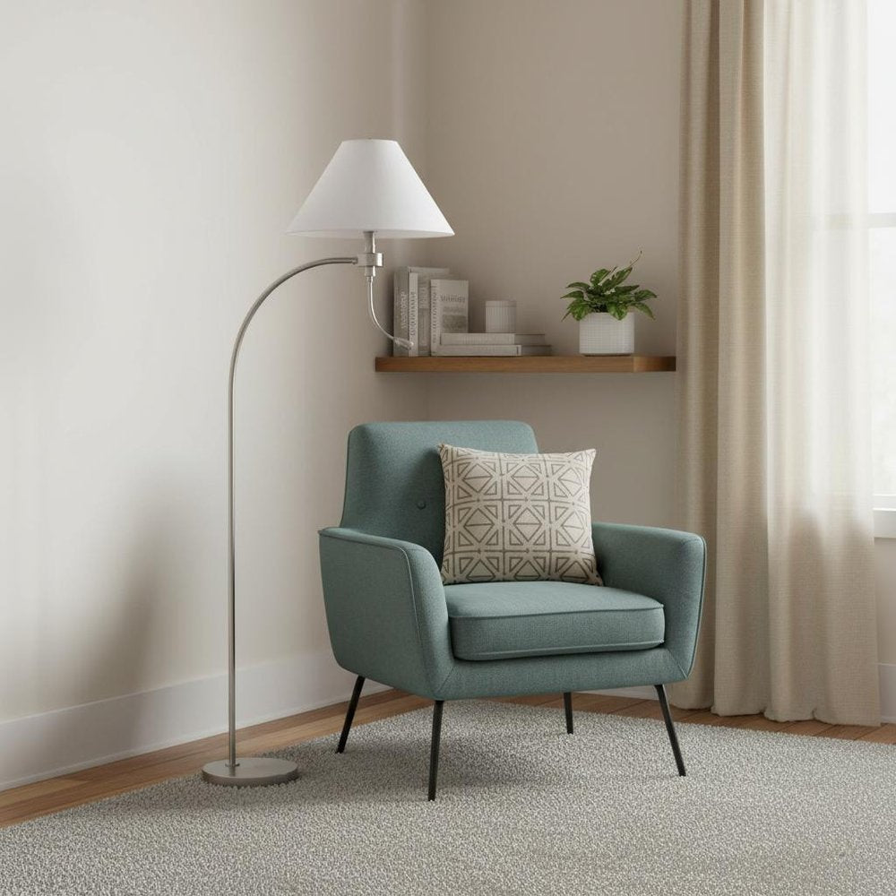68" Nickel Metal Reading Floor Lamp With White Fabric Empire Shade HomeRoots