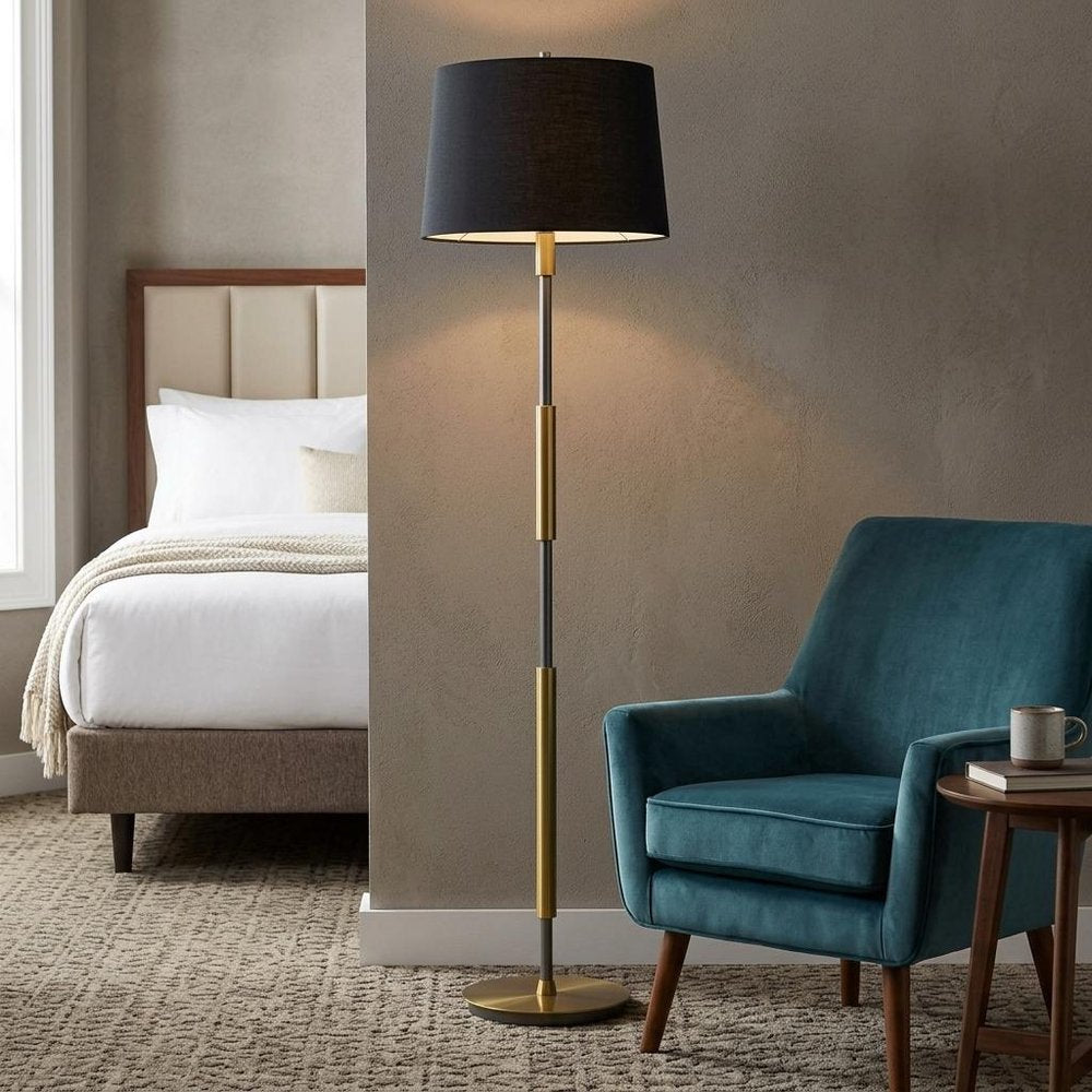 60" Antiqued Brass Metal Floor Lamp With Black Fabric Drum Shade HomeRoots