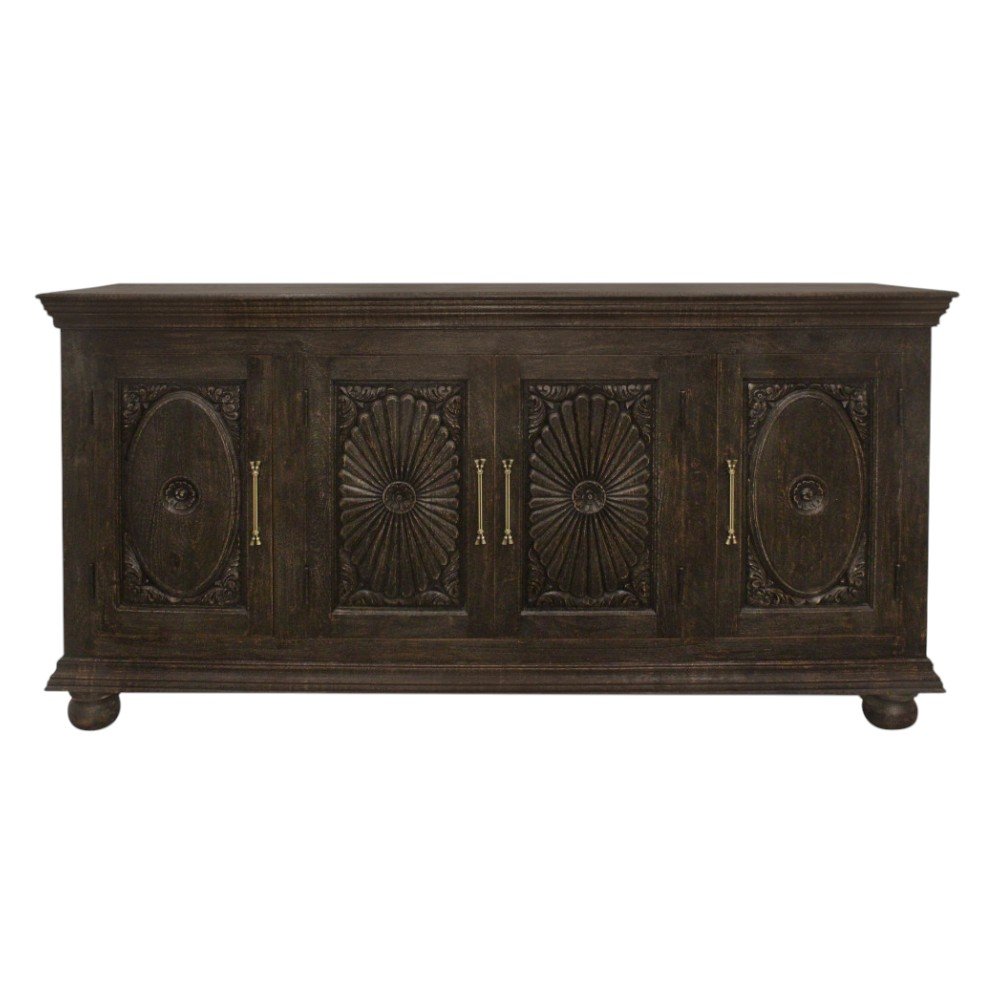 73" Black Distressed Solid Wood Carved Floral Sideboard With Four Doors HomeRoots