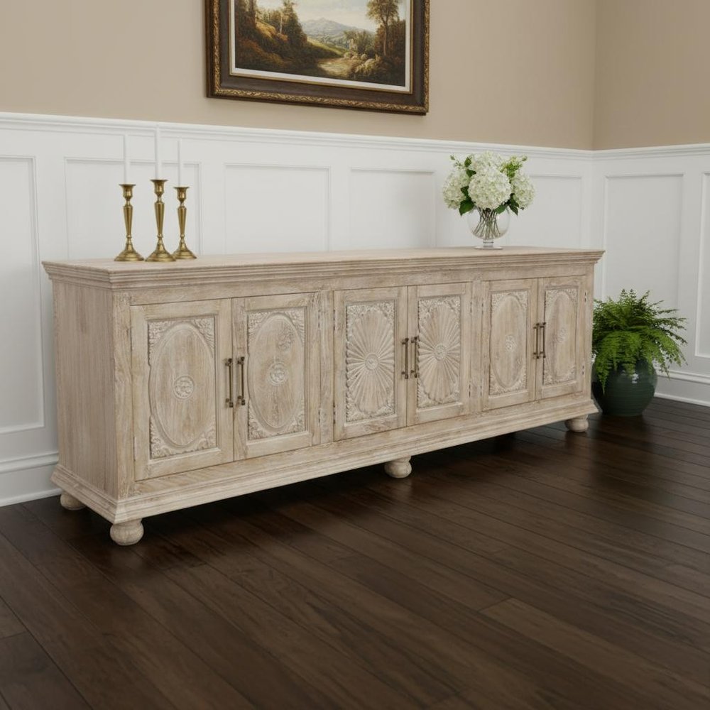 103" Antiqued White Distressed Solid Wood Carved Floral Sideboard with Six Doors HomeRoots