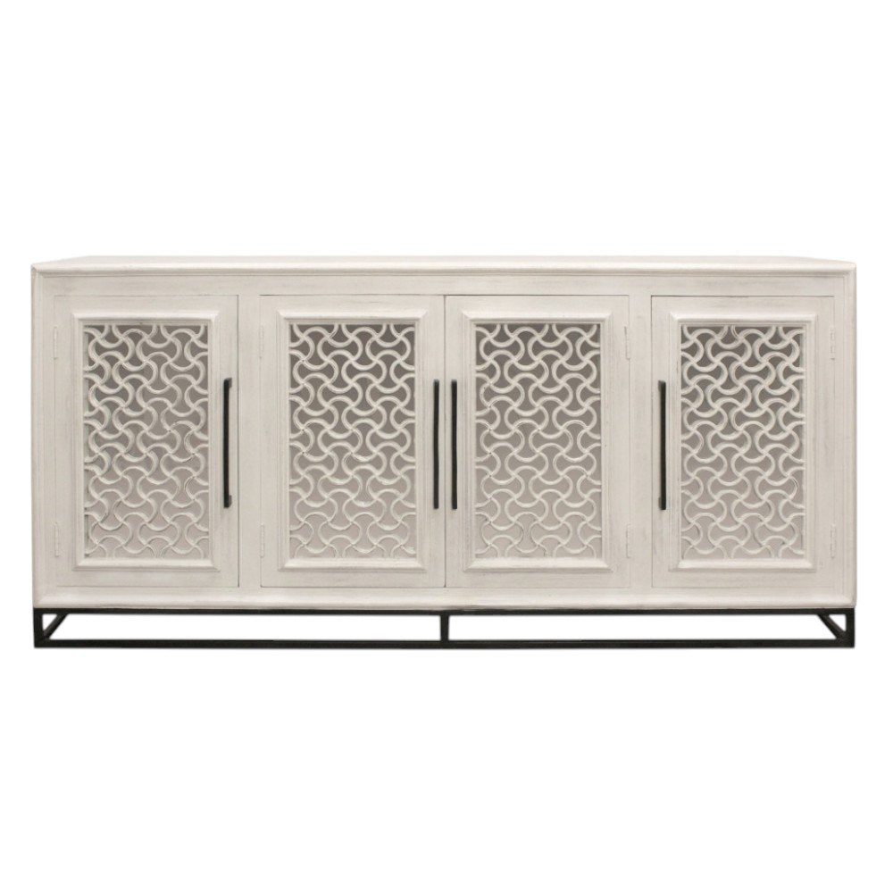 76" Antiqued White Distressed Solid Wood Carved Geometric Sideboard with Four Doors HomeRoots
