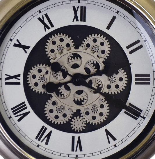 16" Champagne White And Black Iron Skeleton Exposed Gear Pocket Watch Wall Clock HomeRoots
