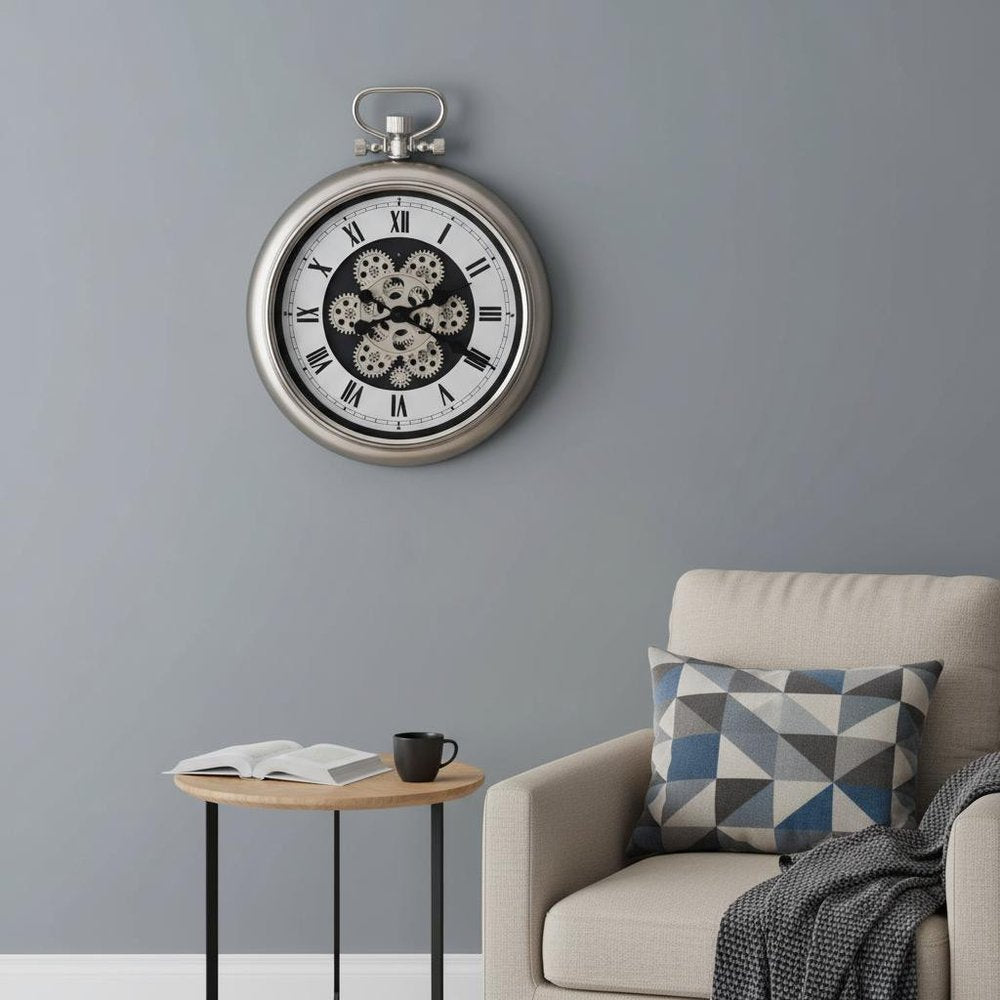 16" Champagne White And Black Metal Skeleton Exposed Gear Pocket Watch Wall Clock HomeRoots