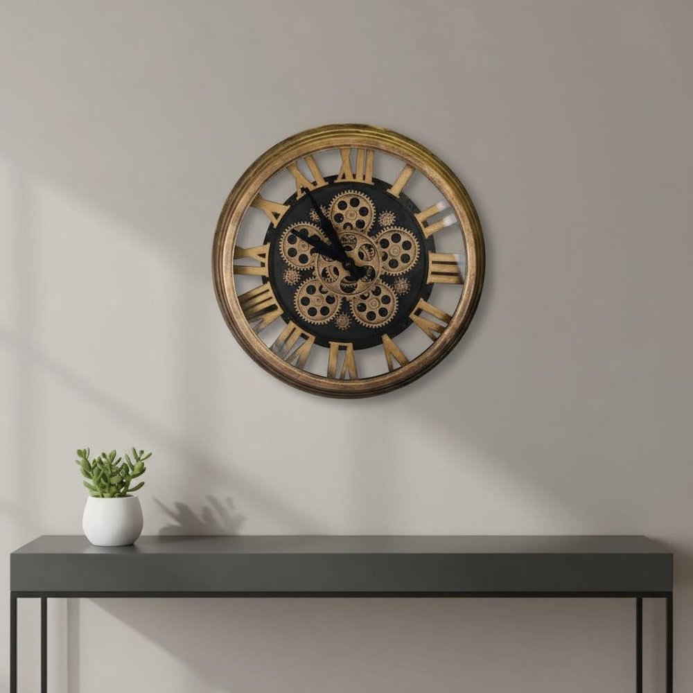 18" Antiqued Gold And Black Metal Silent Skeleton Exposed Gear Round Wall Clock HomeRoots