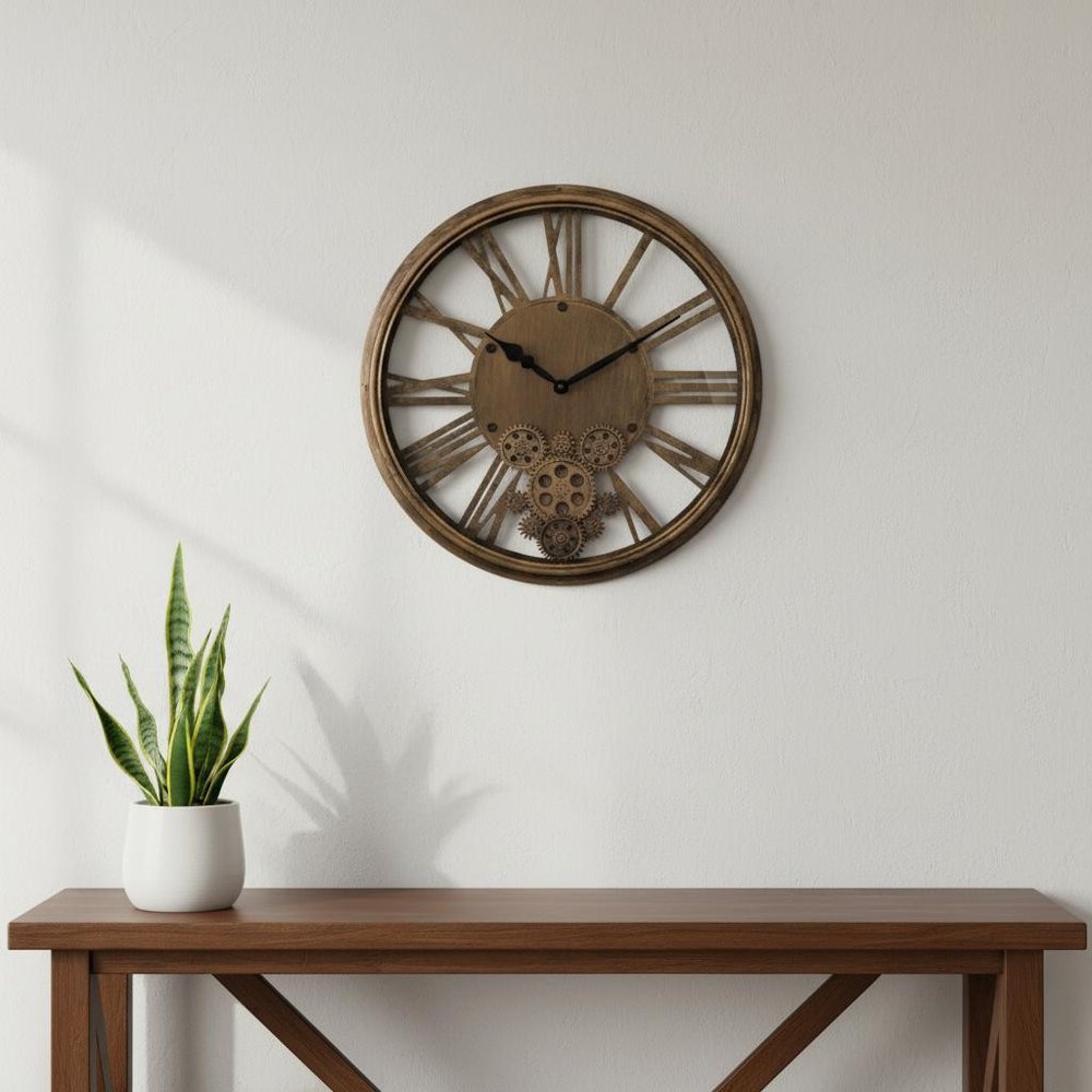 18" Antiqued Gold And Black Metal Silent Skeleton Exposed Gear Round Wall Clock HomeRoots