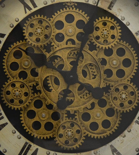 18" Antiqued Gold White And Black Iron Silent Skeleton Distressed Exposed Gear Round Wall Clock HomeRoots