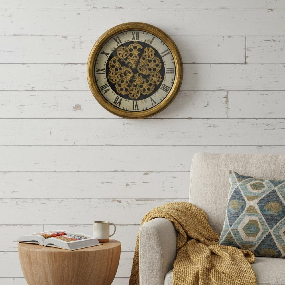 18" Antiqued Gold White And Black Iron Silent Skeleton Distressed Exposed Gear Round Wall Clock