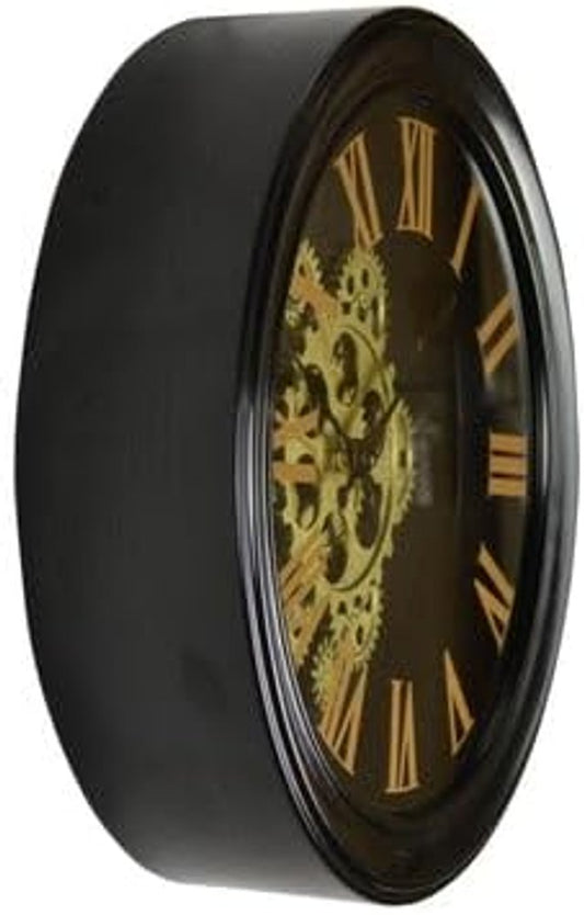 13" Black Orange And Gold Metal Silent Skeleton Distressed Exposed Gear Round Wall Clock HomeRoots
