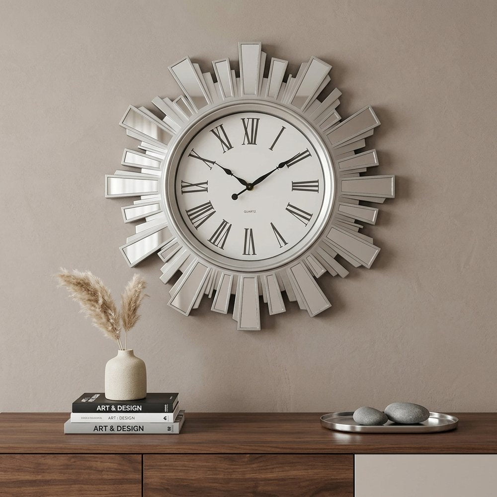 19" Silver And Clear Mirrored Glass And Heavy Duty Plastic Silent Analog Sunburst Wall Clock HomeRoots