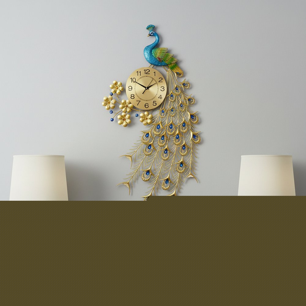 21" Blue Green And Gold Metal Silent Analog Peacock Novelty Wall Clock HomeRoots