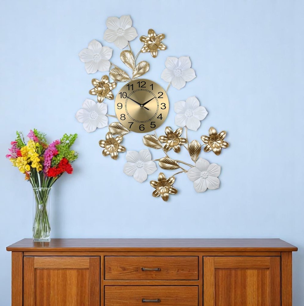 26" Gold White And Black Metal Silent Analog Floral Wall Clock HomeRoots