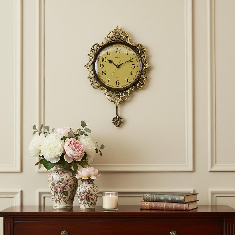 18" Brown Gold And Black Resin Silent Pendulum Ornate Round Wall Clock HomeRoots