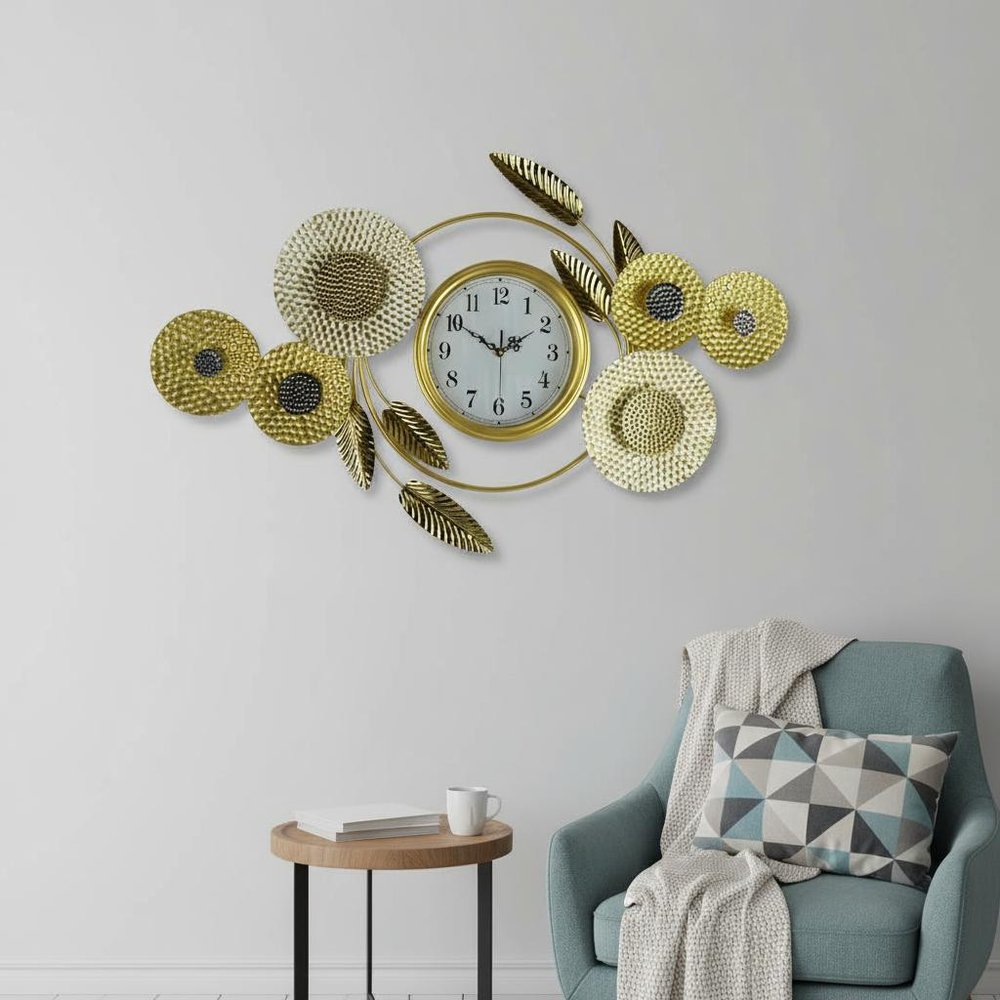 37" Gold Silver And White Metal Silent Analog Floral Novelty Wall Clock HomeRoots