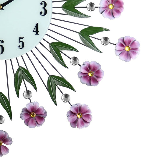 27" Purple Green And White Metal and Glass Silent Analog Floral Round Wall Clock HomeRoots
