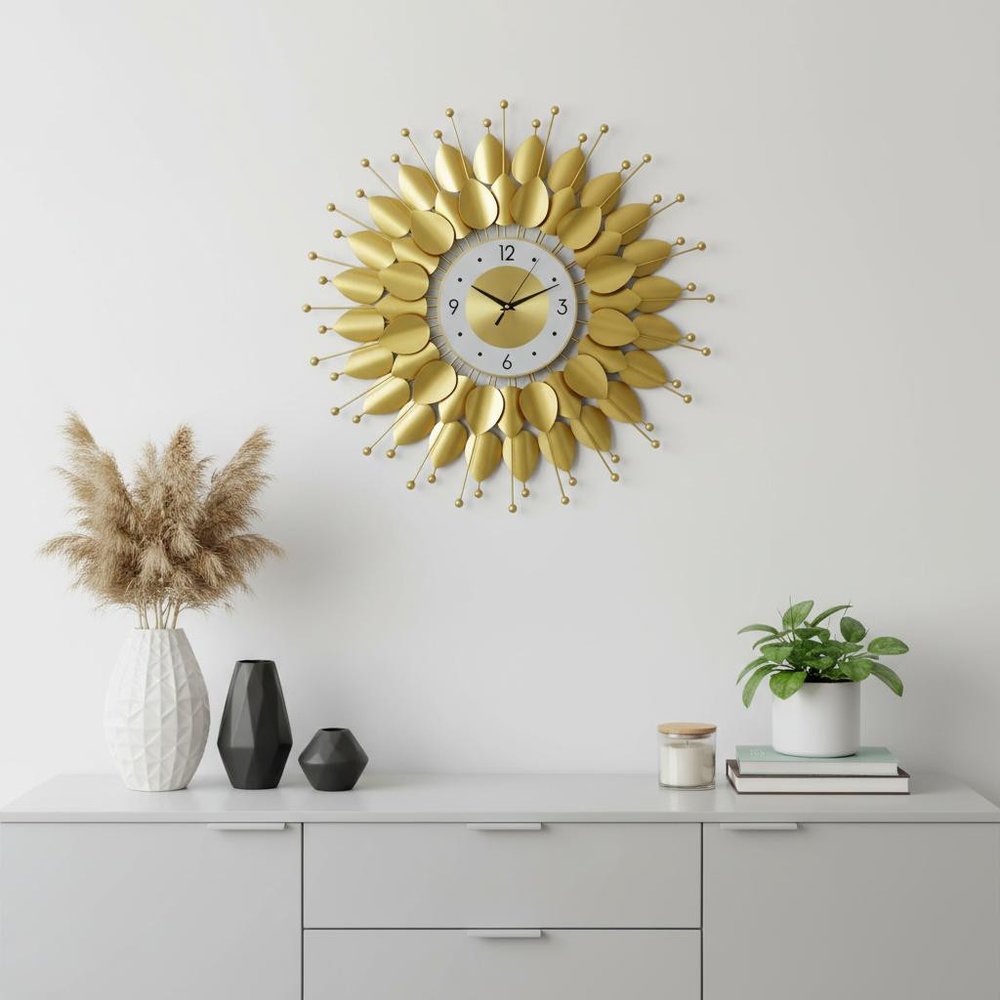 28" Gold And White Metal Silent Analog Floral Sunburst Wall Clock HomeRoots