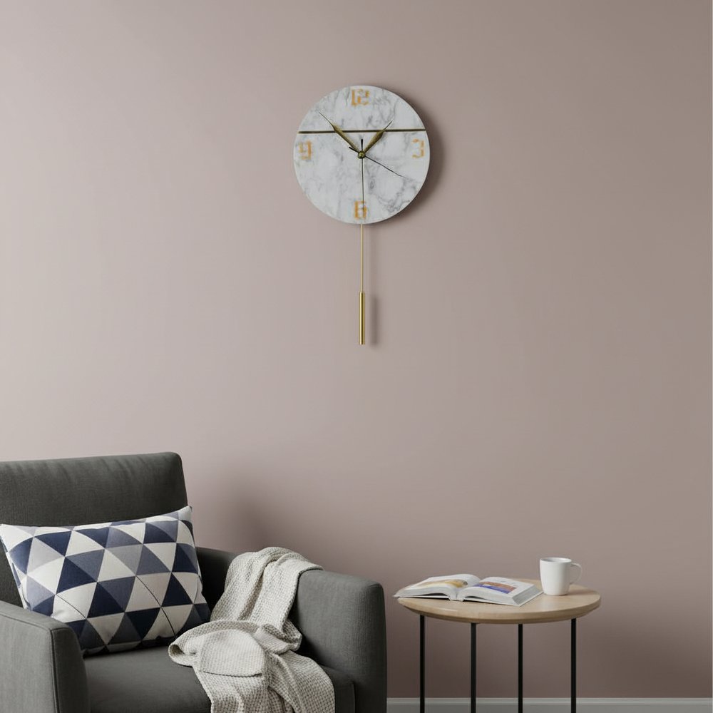 10" White And Gold Marble Silent Pendulum Marble Round Wall Clock HomeRoots