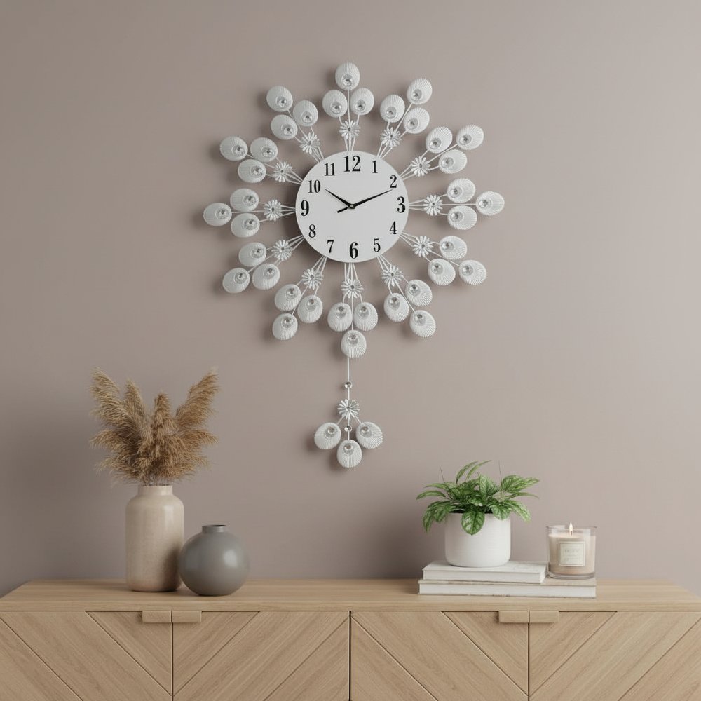 27" Silver And White Metal Silent Pendulum Starburst Wall Clock HomeRoots