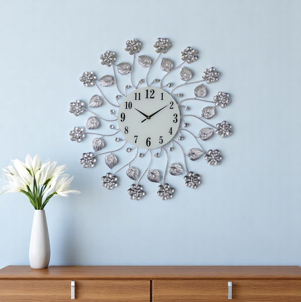 27" Silver White And Black Metal and Glass Silent Analog Floral Round Wall Clock HomeRoots