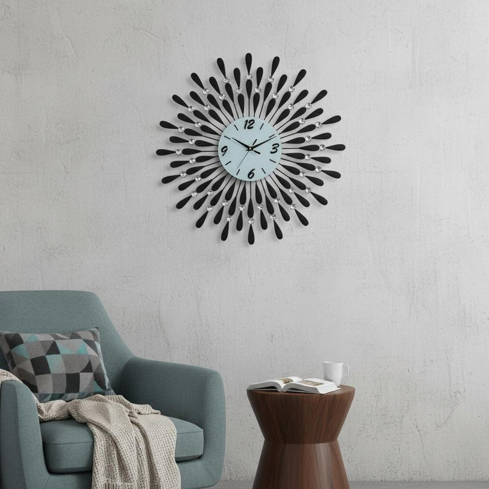 24" Black White And Silver Silent Analog Starburst Wall Clock