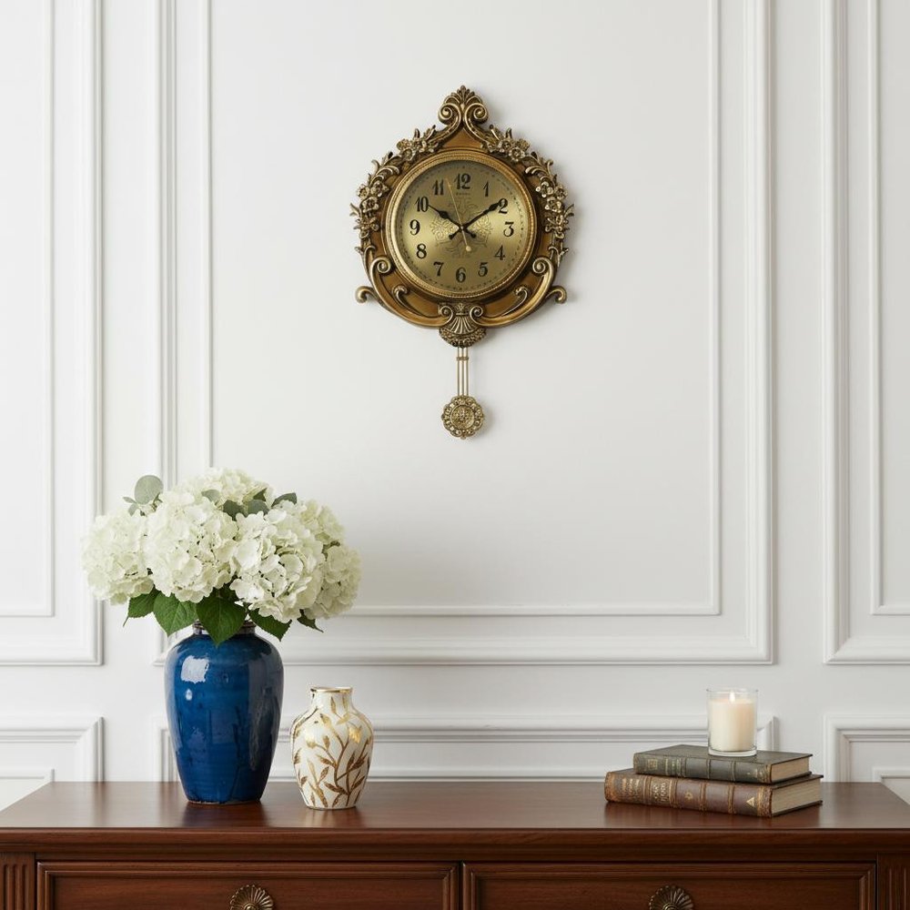 17" Gold And Black Resin Silent Pendulum Ornate Round Wall Clock HomeRoots