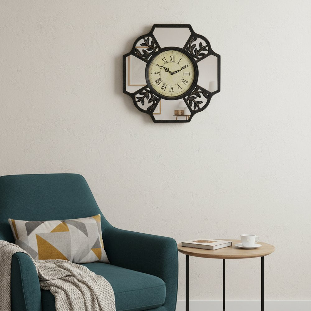 16" Black And Silver Heavy Duty Plastic Silent Analog Ornate Hexagon Wall Clock HomeRoots