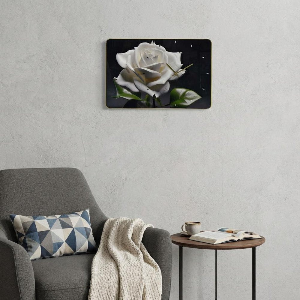 24" White Black And Green Solid Wood and Acrylic Silent Roses Floral Wall Clock