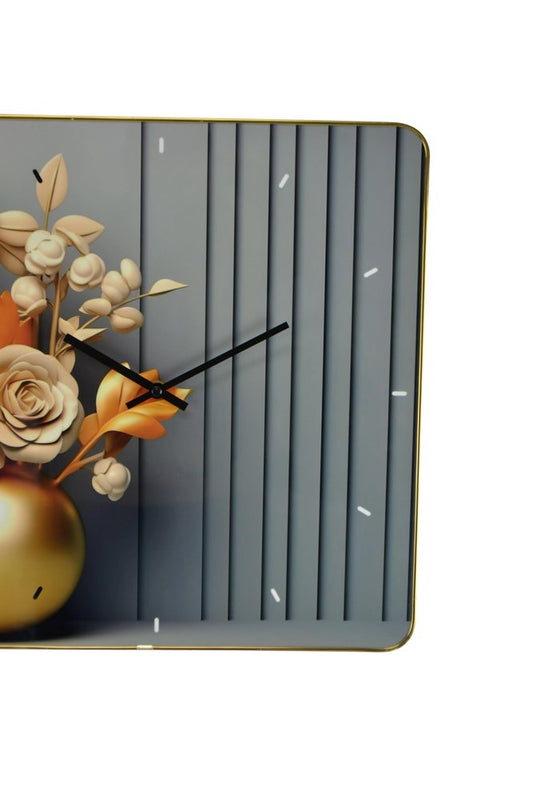 24" Beige Gold And Gray Solid Wood and Acrylic Silent Analog Floral Wall Clock HomeRoots