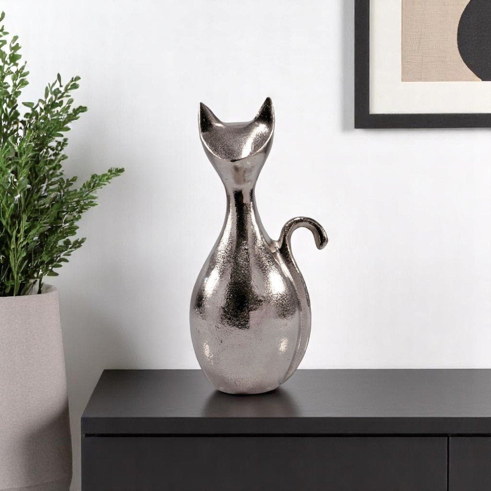 11" Silver Aluminum Cat Tabletop Sculpture HomeRoots