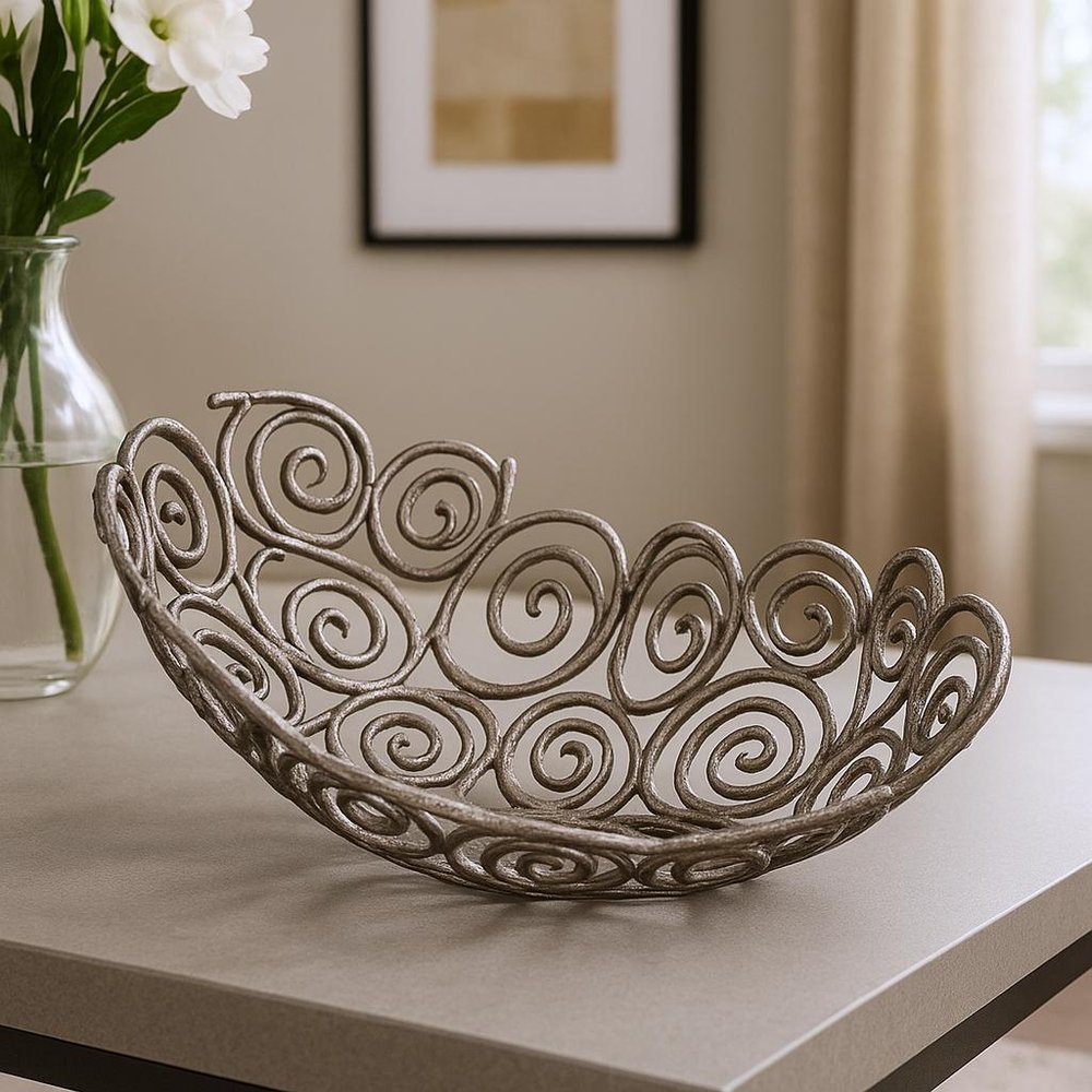 20" Silver Aluminum Abstract Circles Oval Decorative Bowl HomeRoots
