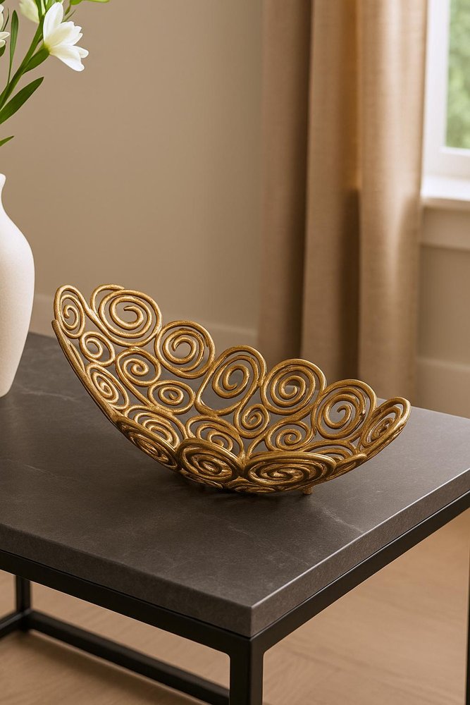 20" Gold Aluminum Abstract Circles Oval Decorative Bowl HomeRoots