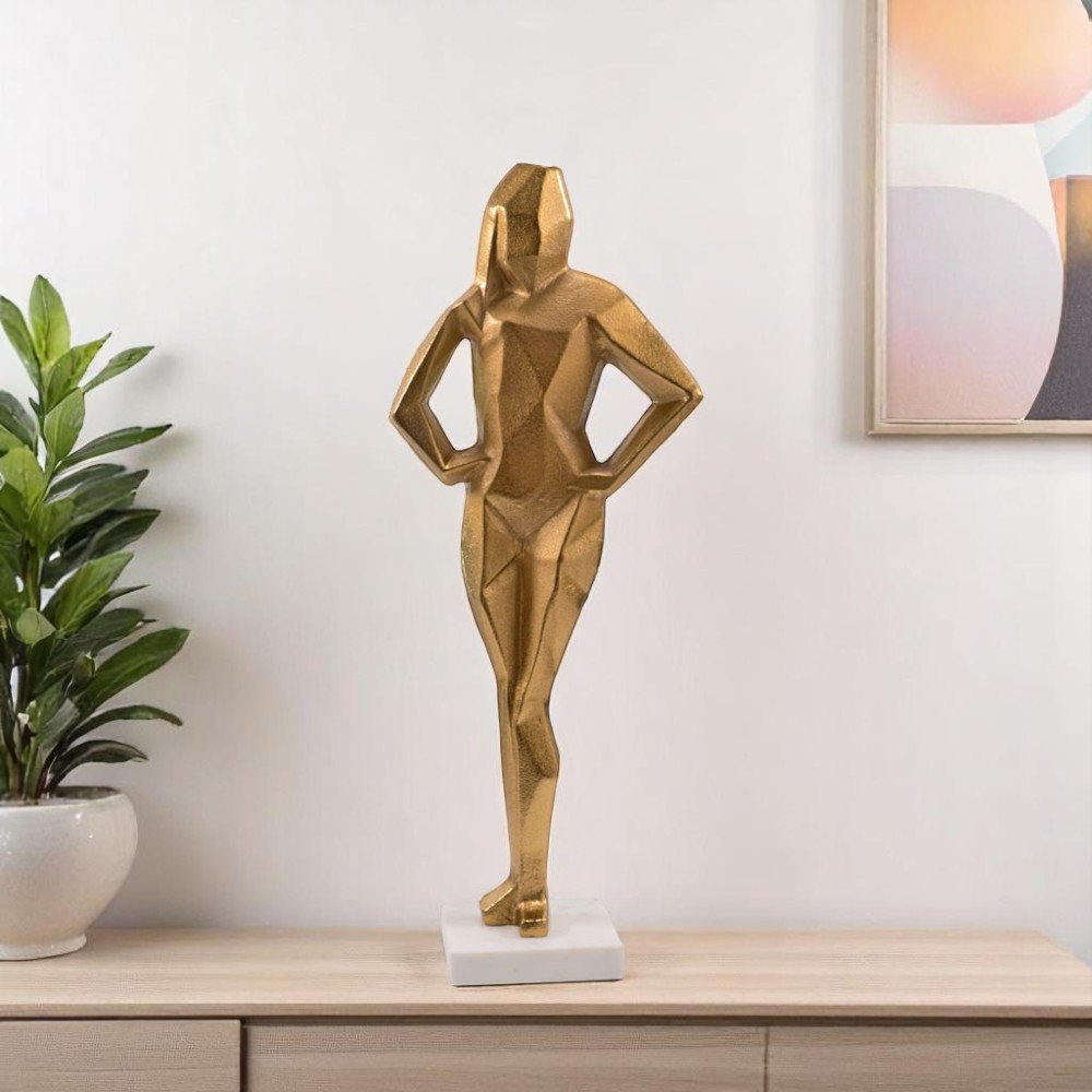 24" Gold And White Aluminum And Marble Woman Tabletop Sculpture HomeRoots