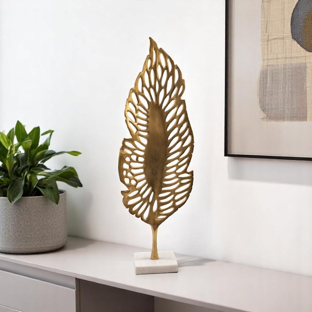 28" Gold And White Aluminum And Marble Leaf Tabletop Sculpture HomeRoots