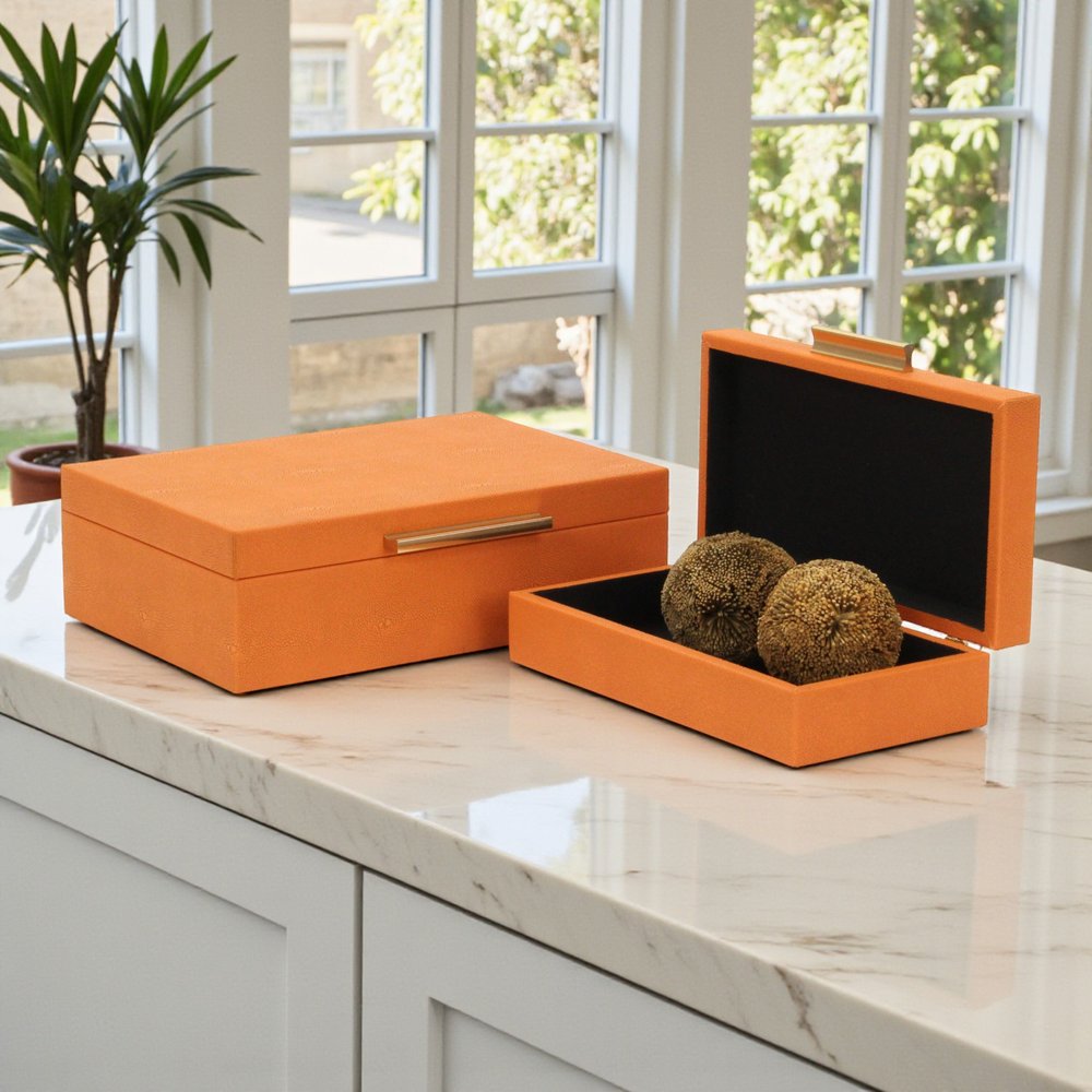 Set Of Two Orange Faux Shagreen Jewelry Boxes With Decorative Hardware HomeRoots