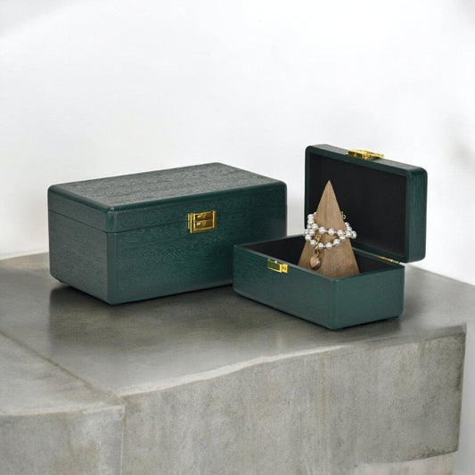 Set Of Two Green Solid Wood Jewelry Boxes