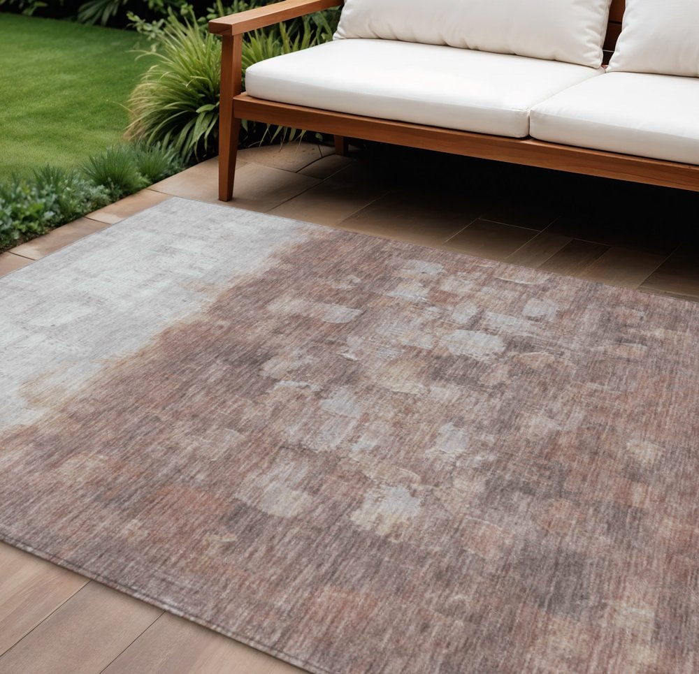 8' X 10' Rust And Silver Abstract Washable Indoor Outdoor Area Rug
