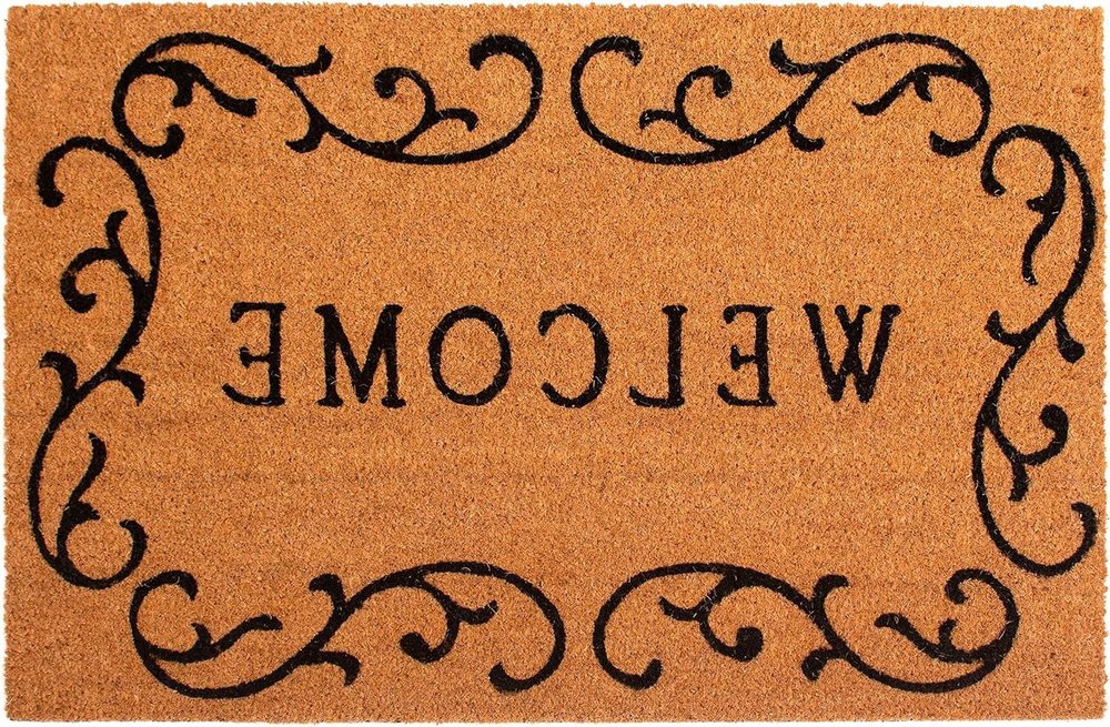 17" X 29" Natural And Black Scrollwork Welcome Outdoor Coir Door Mat