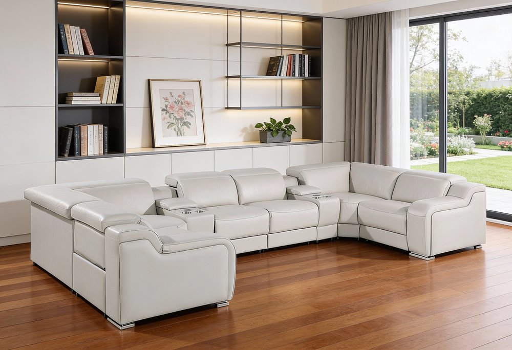 Light Gray Italian Leather Power Reclining U Shaped Eight Piece Corner Sectional With Console HomeRoots