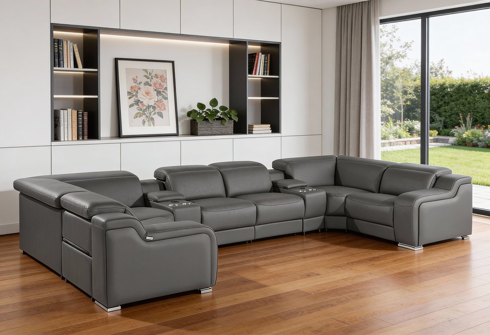 Dark Gray Italian Leather Power Reclining U Shaped Eight Piece Corner Sectional With Console HomeRoots