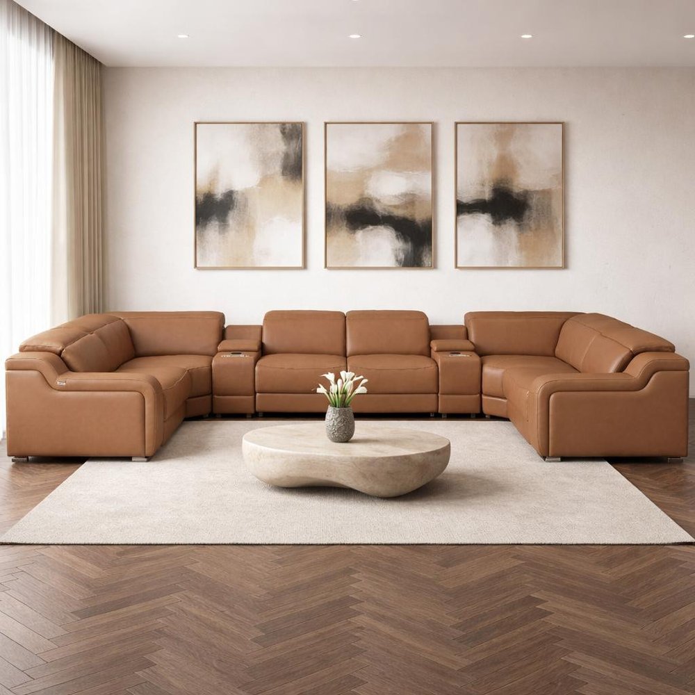 Chestnut Italian Leather Power Reclining U Shaped Eight Piece Corner Sectional With Console HomeRoots