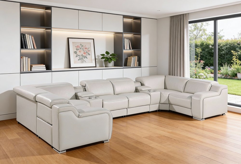 Light Gray Italian Leather Power Reclining U Shaped Eight Piece Corner Sectional With Console HomeRoots
