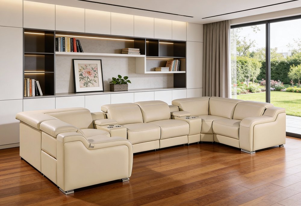 Beige Italian Leather Power Reclining U Shaped Eight Piece Corner Sectional With Console HomeRoots