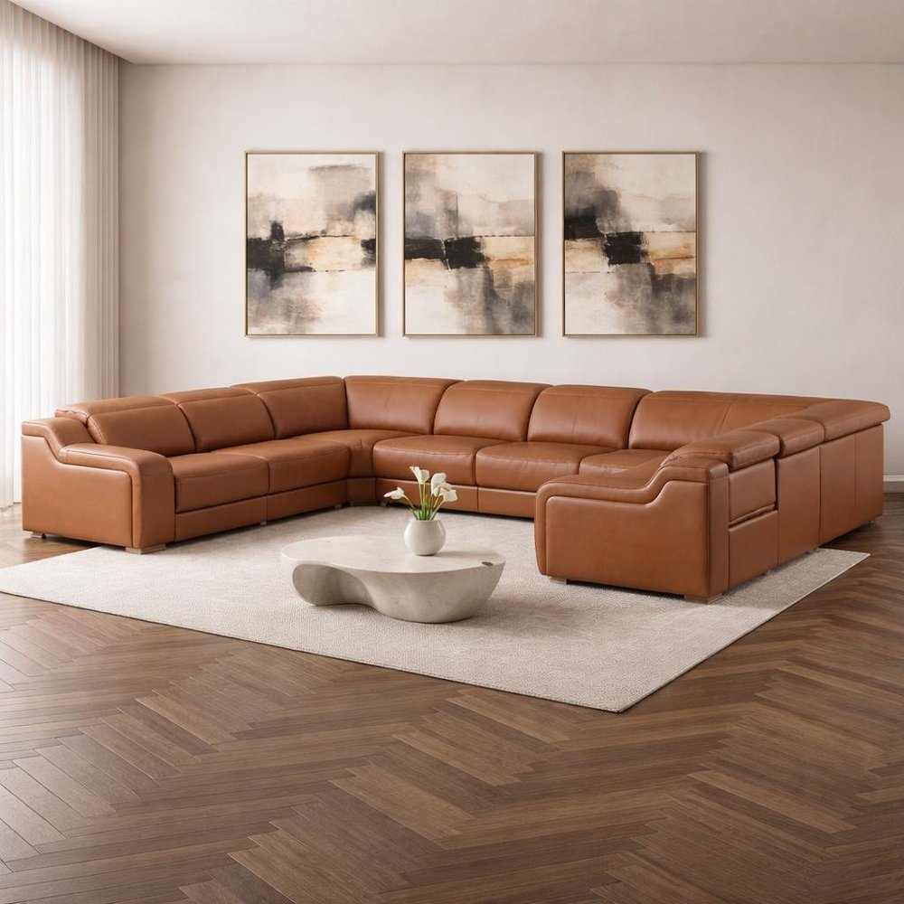 Chestnut Italian Leather Power Reclining U Shaped Eight Piece Corner Sectional With Console HomeRoots