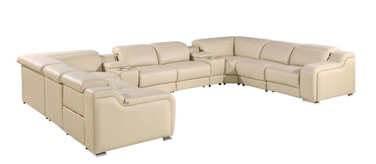 Beige Italian Leather Power Reclining U Shaped Ten Piece Corner Sectional With Console HomeRoots