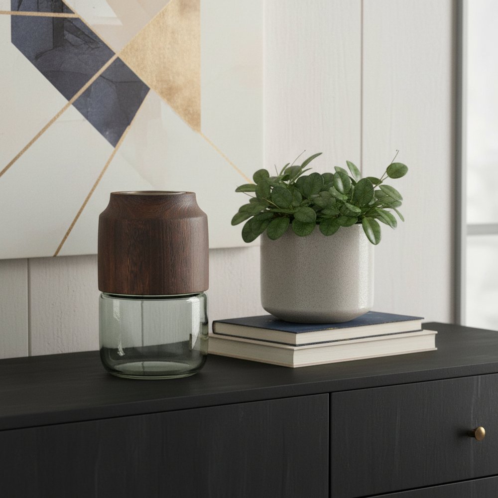 9" Brown And Sage Glass Cylindrical Table Vase With Wood HomeRoots