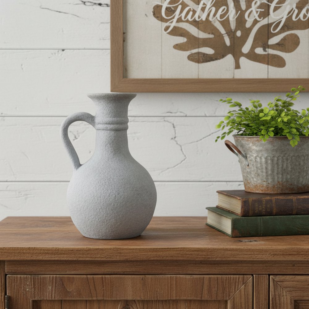 9" Gray Resin Round Pitcher Vase HomeRoots